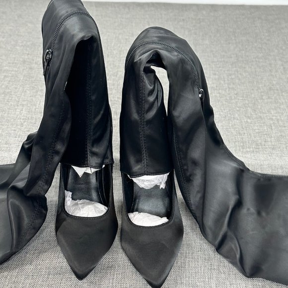 Anne Michelle Womens Over The Knee‎ Boots Size 6 Black Stiletto Pointy Toe Satin - Picture 10 of 11